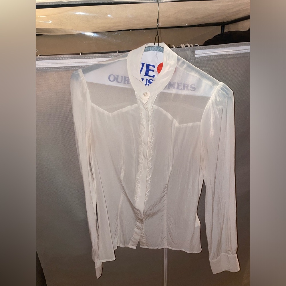 100% Mulberry Silk Bebe White Button Down Top with Ruffles